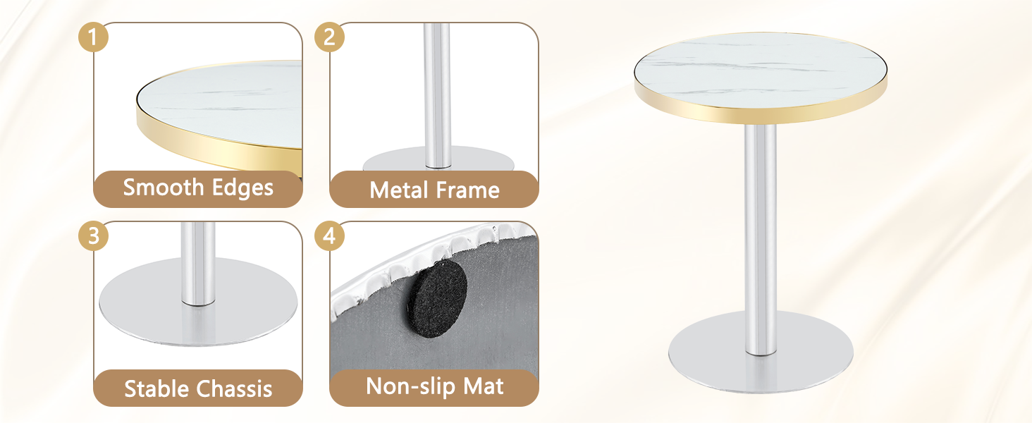 Feature graphic showing the smooth edges, metal frame, stable chassis and non-slip mat
