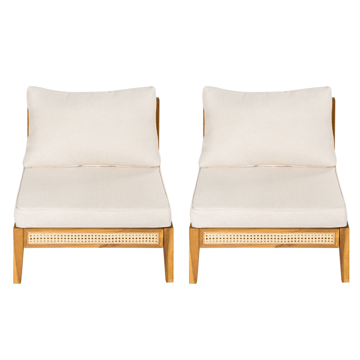 Teak Finish Solid Wood Armless Patio Chair with Cushions, Set of 2