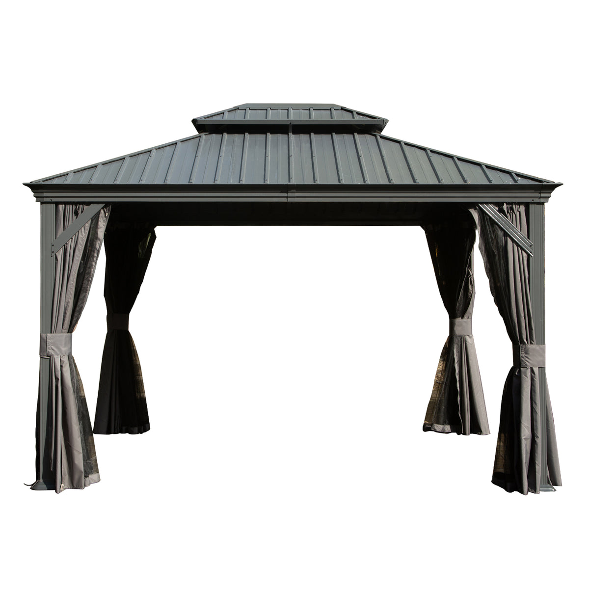 10x12 ft Gray Hardtop Gazebo with Netting and Curtains