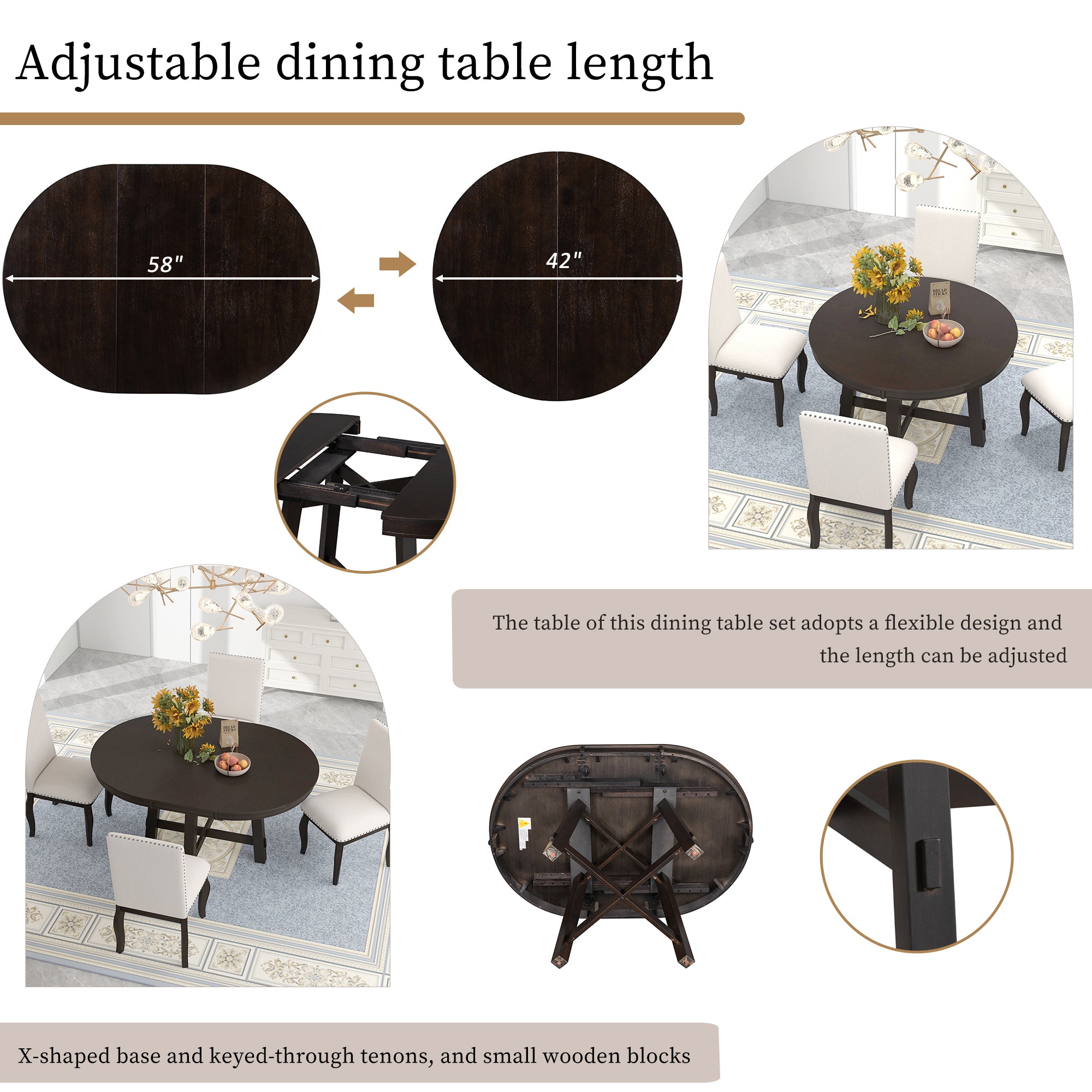 Feature graphic showing the table extending from a 42 in round top to a 58 in oval