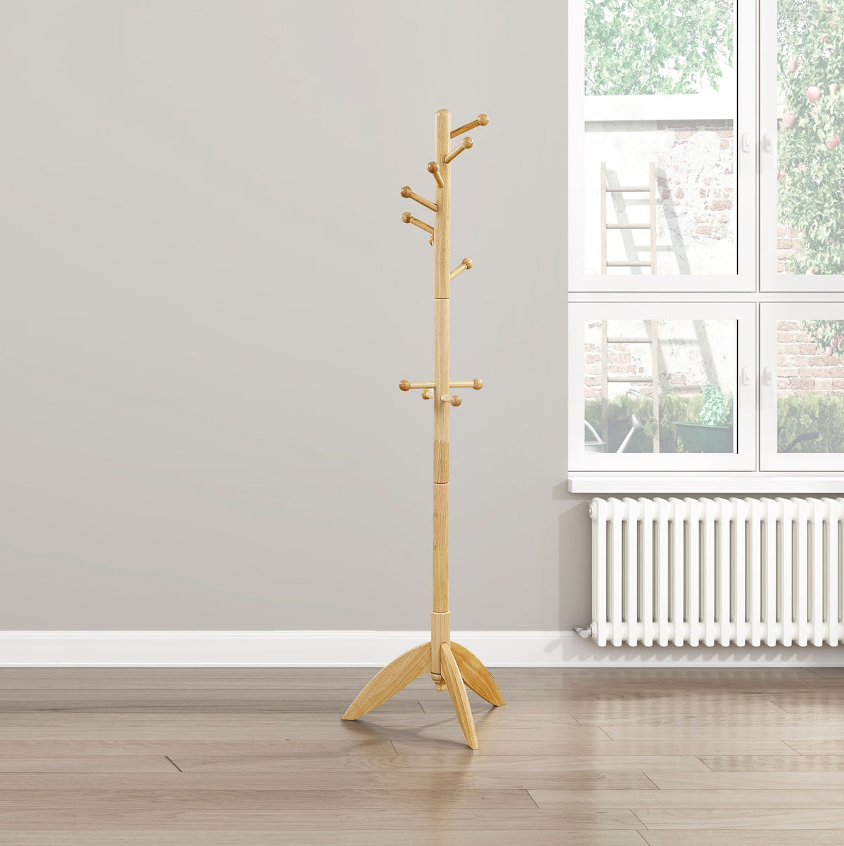 Natural Solid Wood Coat Rack, 11 Hooks