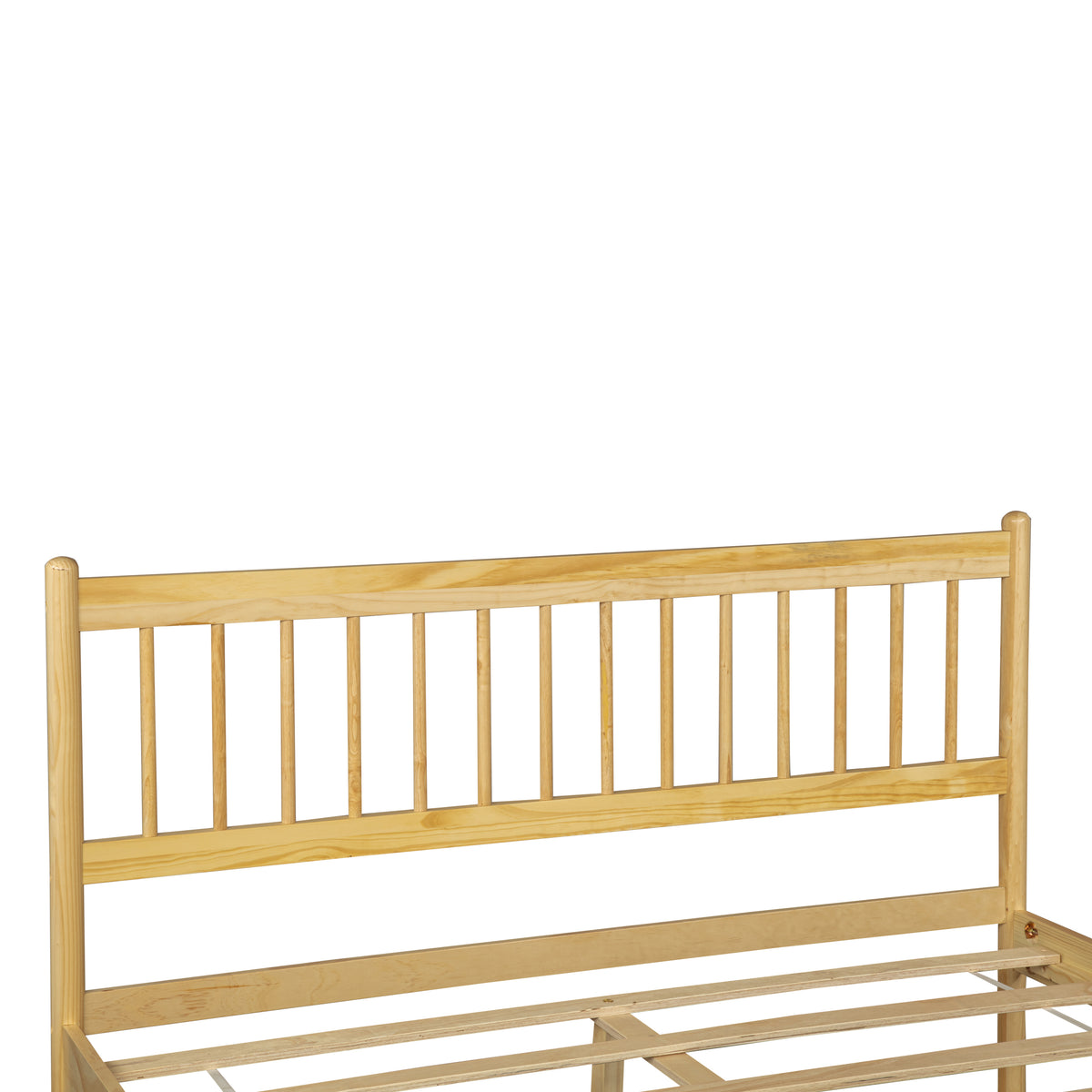 Front view of the natural pine spindle headboard on the assembled frame