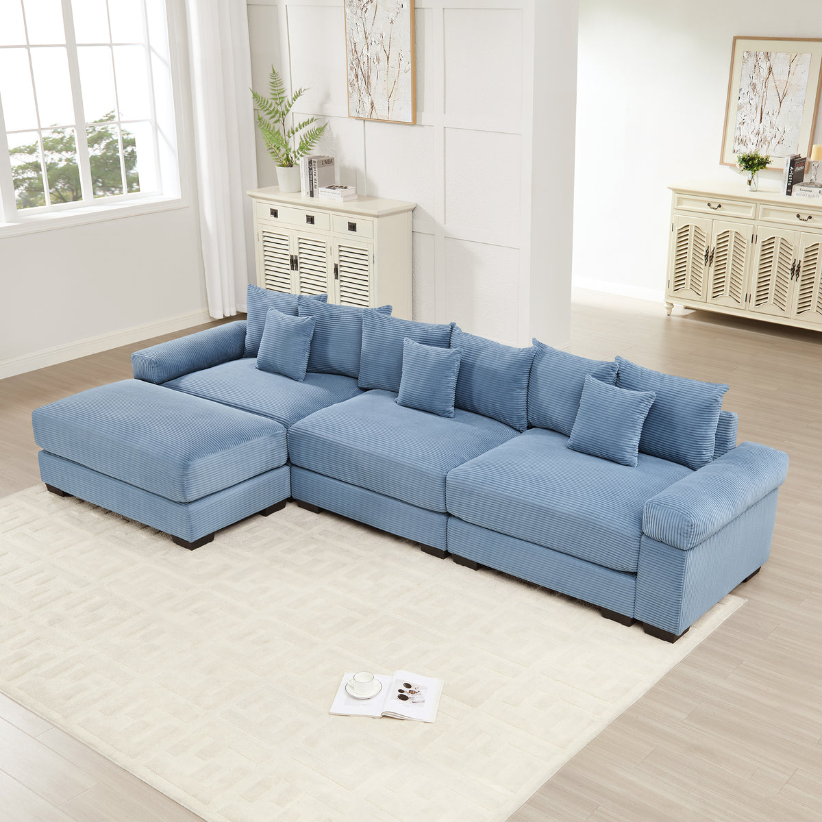 Blue Corduroy Modular Sectional with Ottoman, 130 in Wide