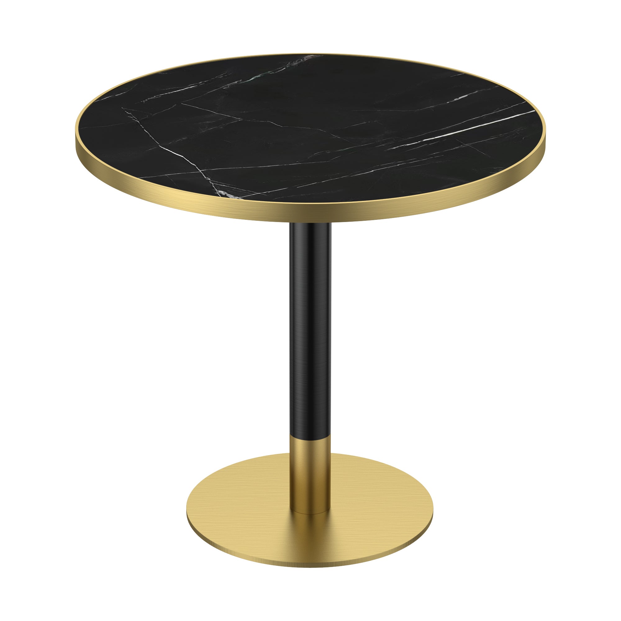 Three-quarter studio view of black and gold sintered stone round dining table on a plain white background