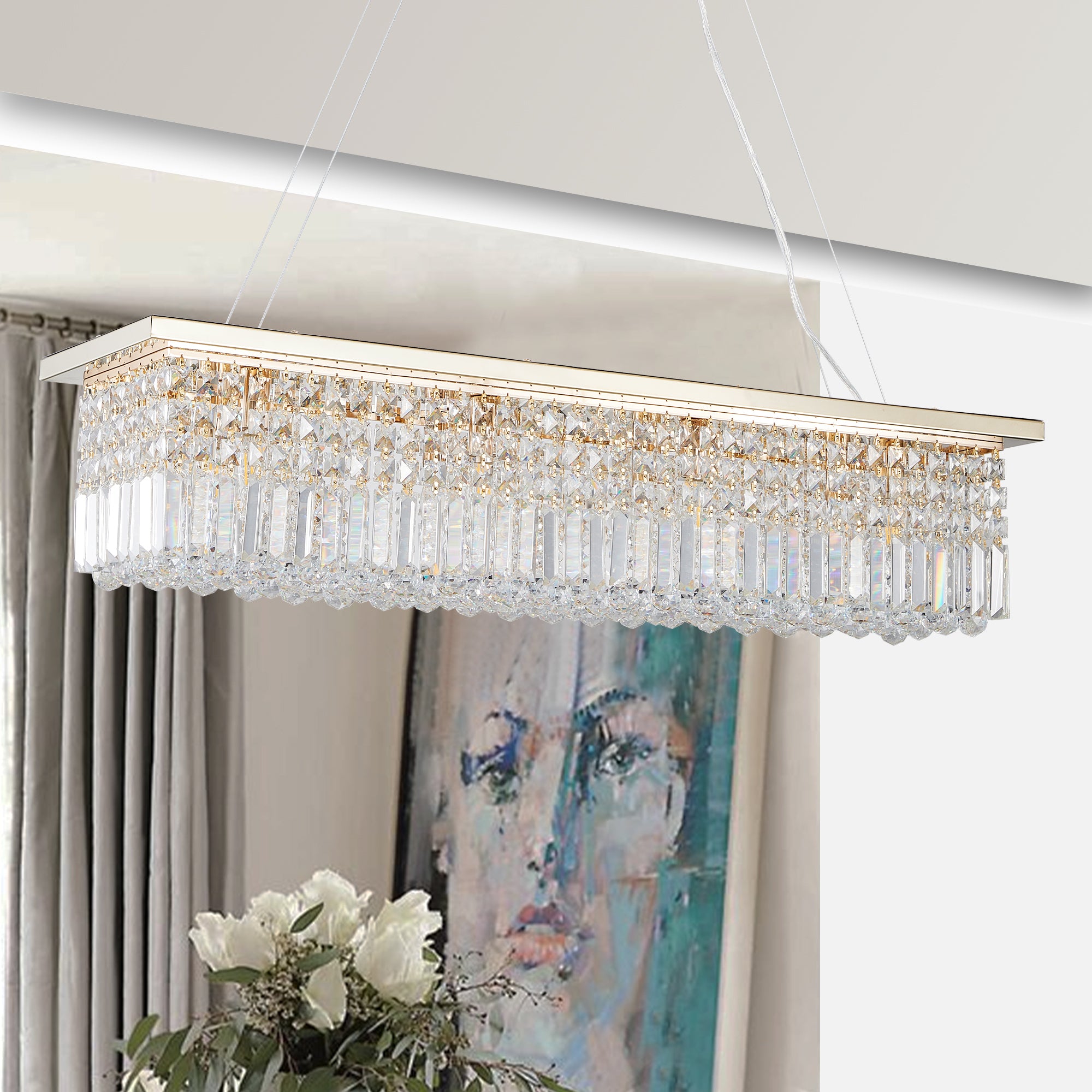 Chandelier, 8-Light Rectangular Raindrop Crystal, Gold