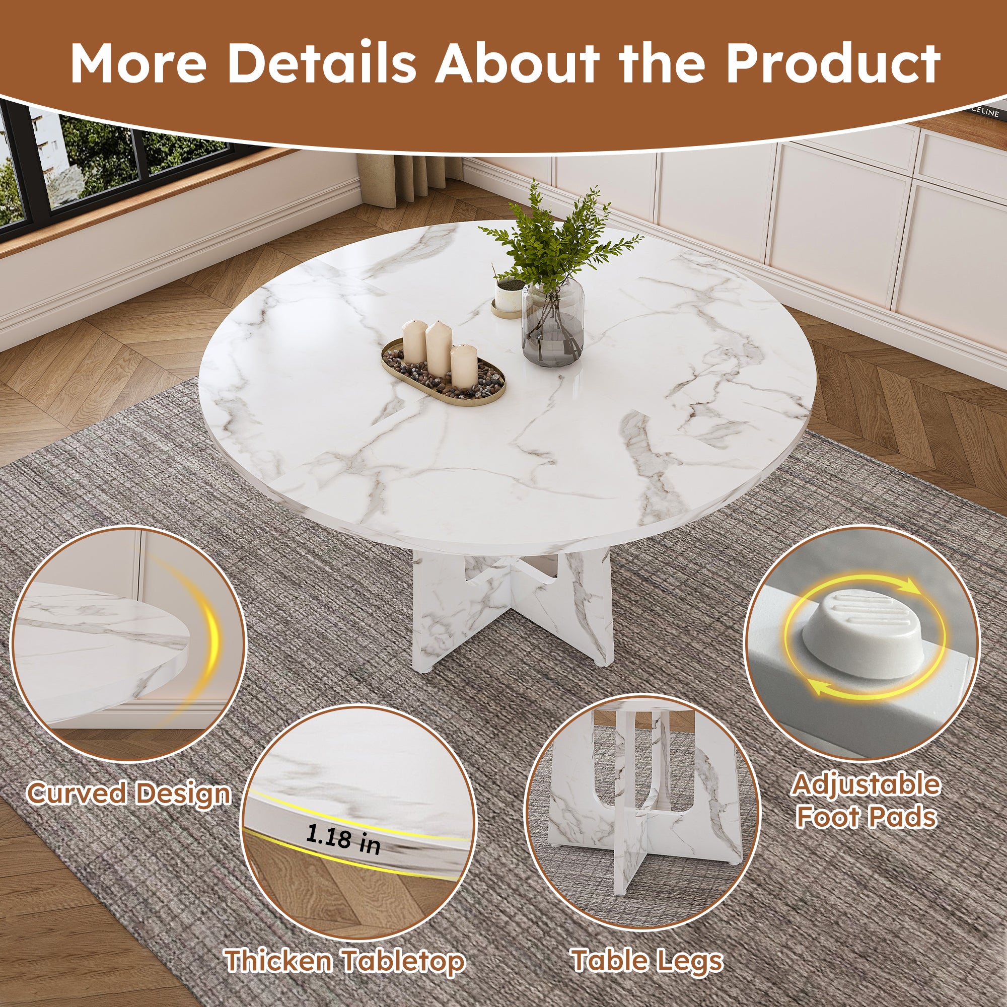 Feature graphic detailing the table's curved design, thick top, cutout legs and adjustable foot pads