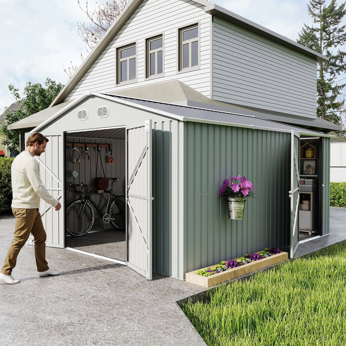 10x12 ft White Metal Storage Shed with Lockable Doors