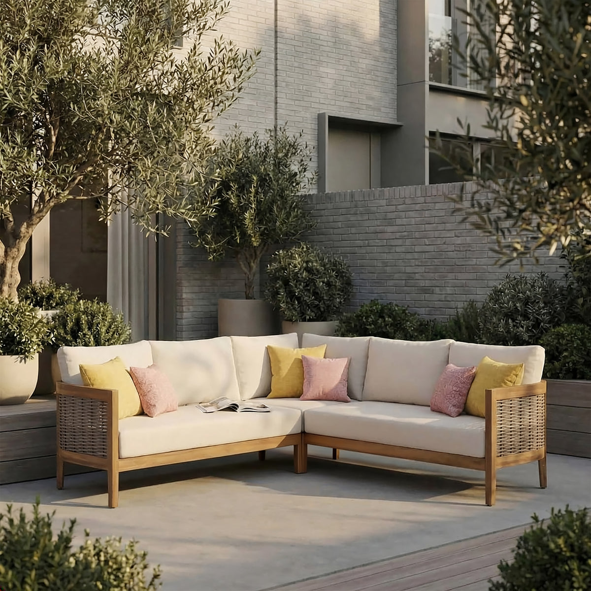 Teak Finish Solid Wood Outdoor Sofa Set for 5 with Cushions