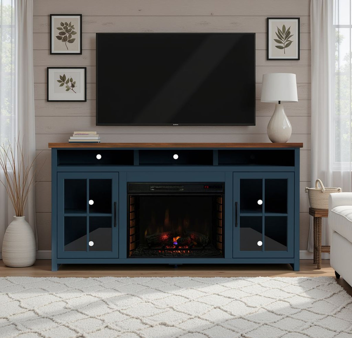 Blue Fireplace TV Stand for TVs up to 85 in, 74 in Wide