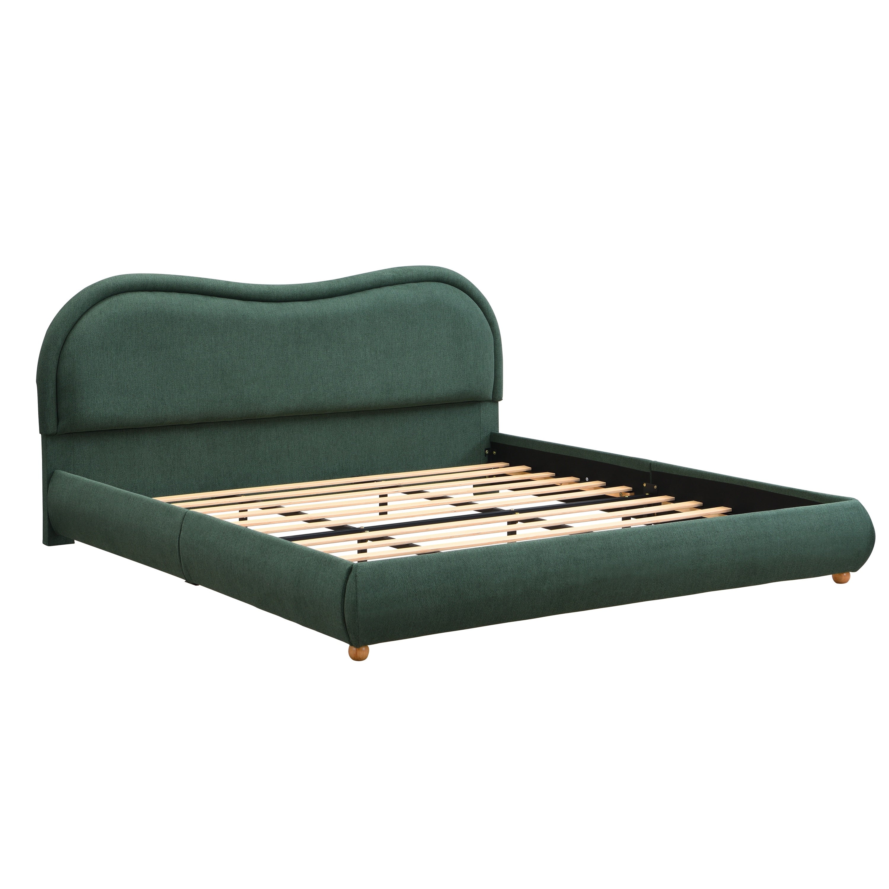 Olive green chenille king bed frame with curved headboard, angled view