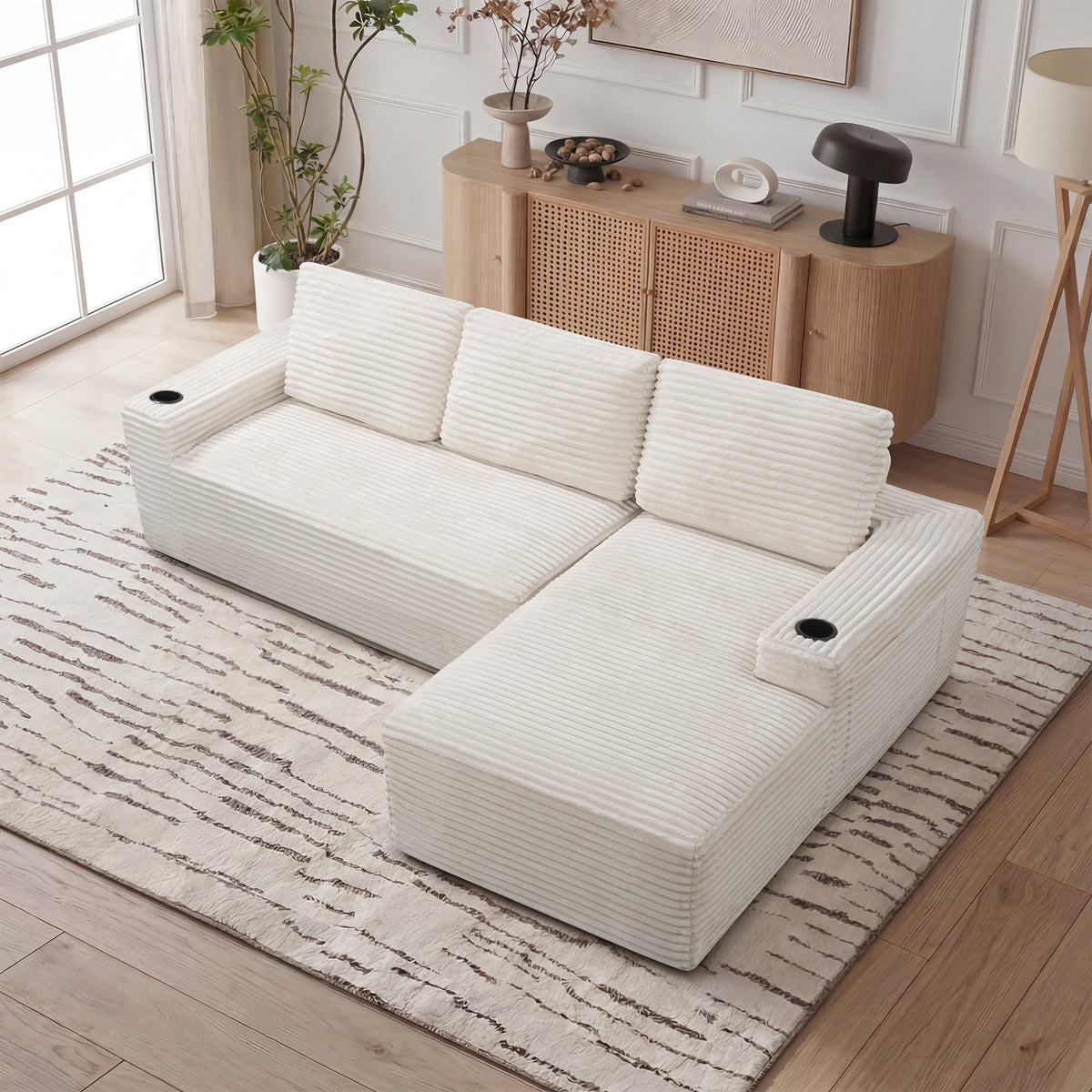 Cream Corduroy L-Shaped Modular Sectional, 104.3 in Wide, Right-Facing