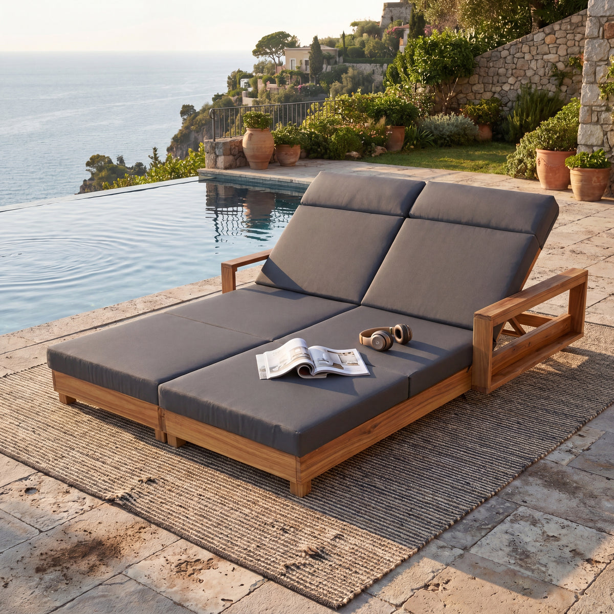 Natural Solid Wood Adjustable Outdoor Double Chaise Lounge, Dark Gray Cushion