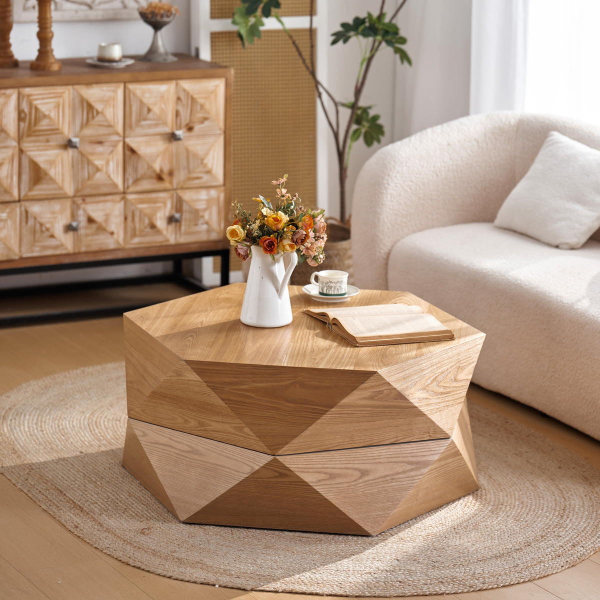 Natural Coffee Table with Storage, 36.6 in