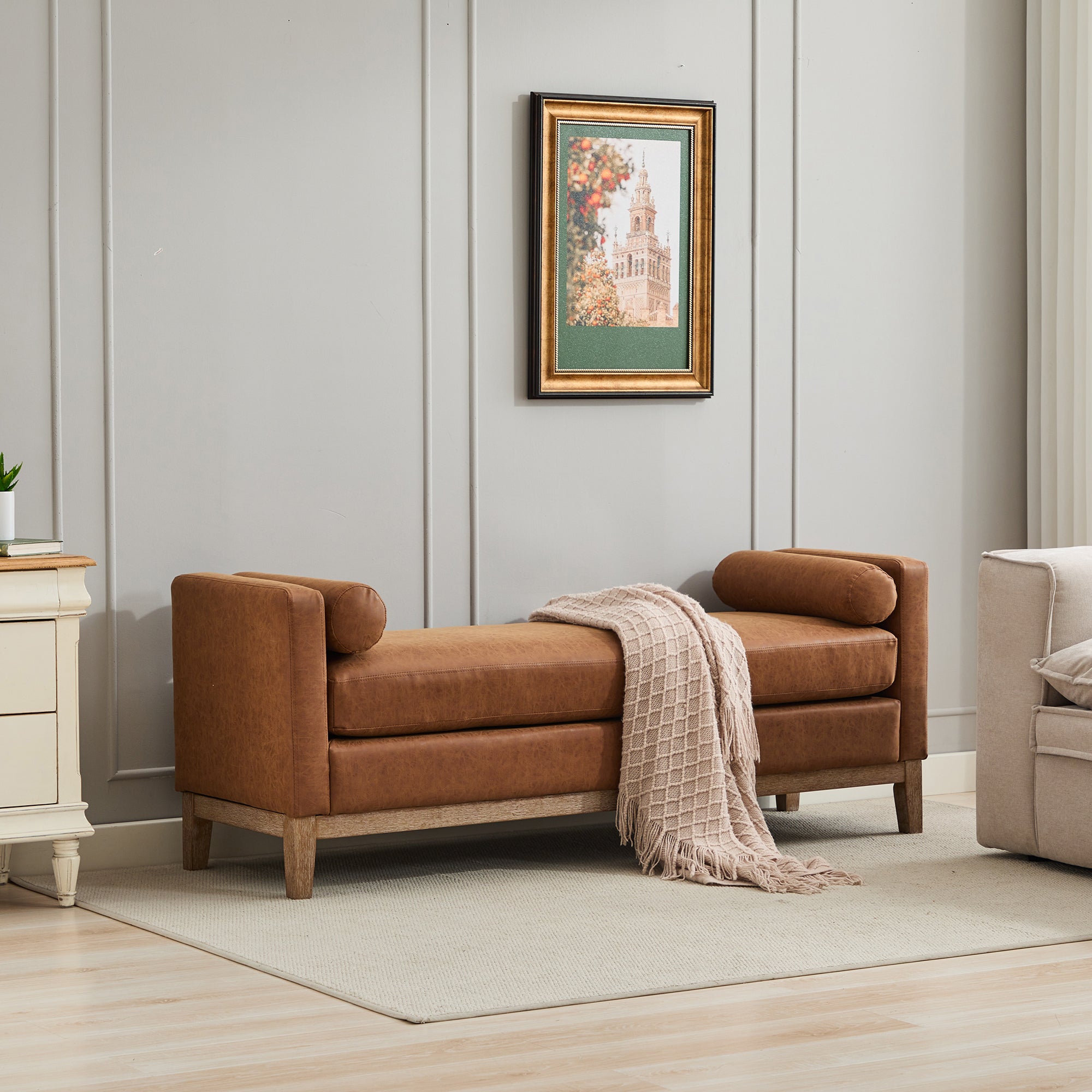 Upholstered Bench 65 Inch, Cognac Vegan Leather with Wood Legs