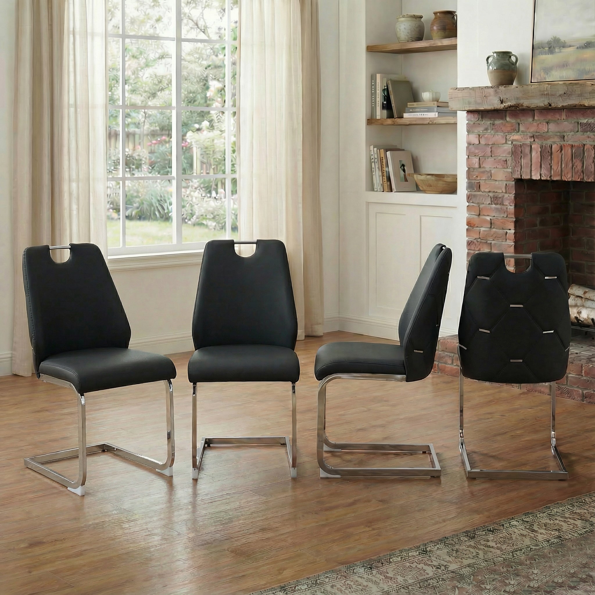 Black Vegan Leather Dining Chairs Set of 4, High Back, Chrome Base