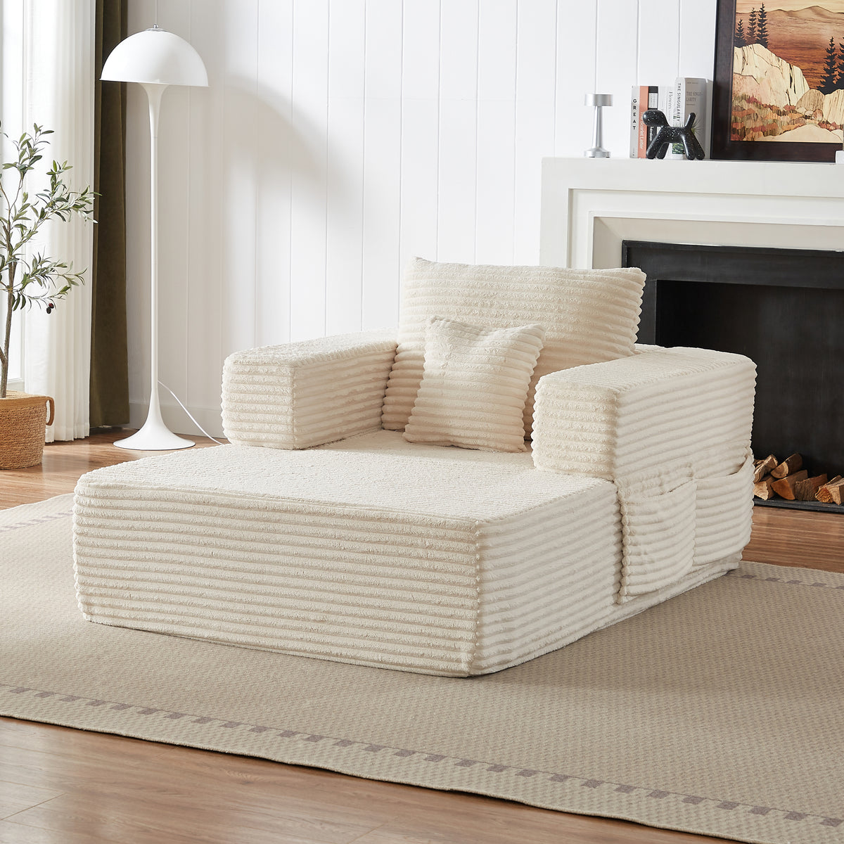 Beige Corduroy Accent Chair with Storage