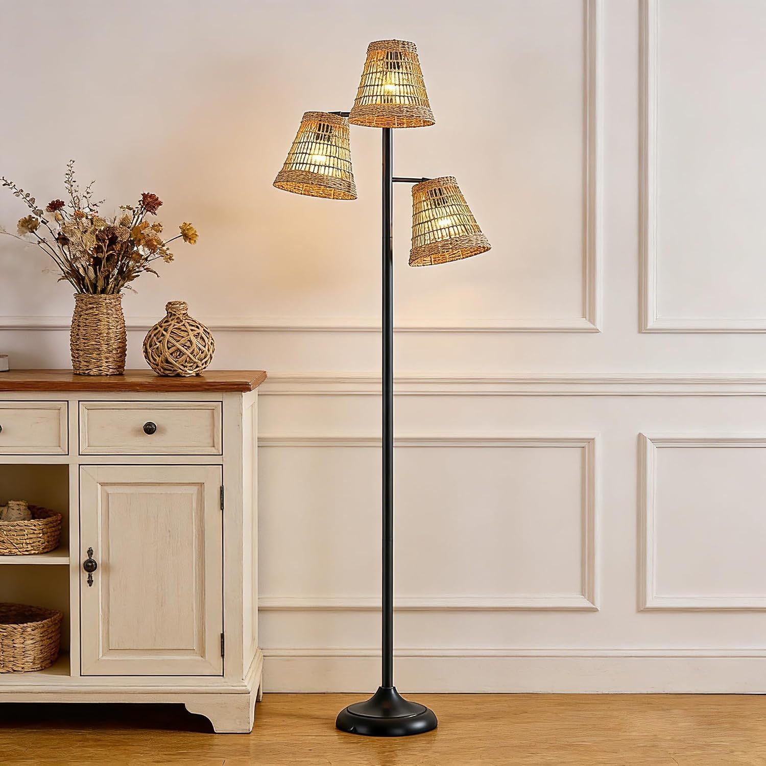 Floor Lamp, Boho Rattan and Metal Frame, Black Finish