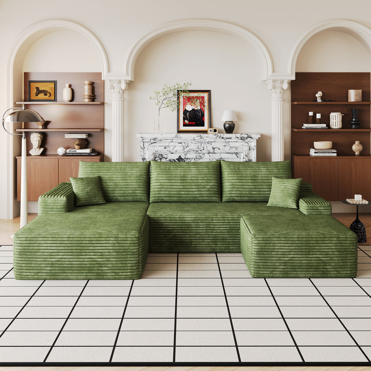 Green Corduroy U-Shaped Sectional, Left-Facing, 107 in Wide