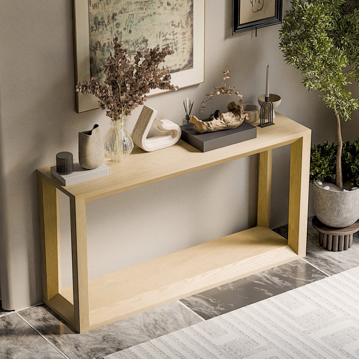 Oak Entryway Console Table with Storage, 59.8 in Wide