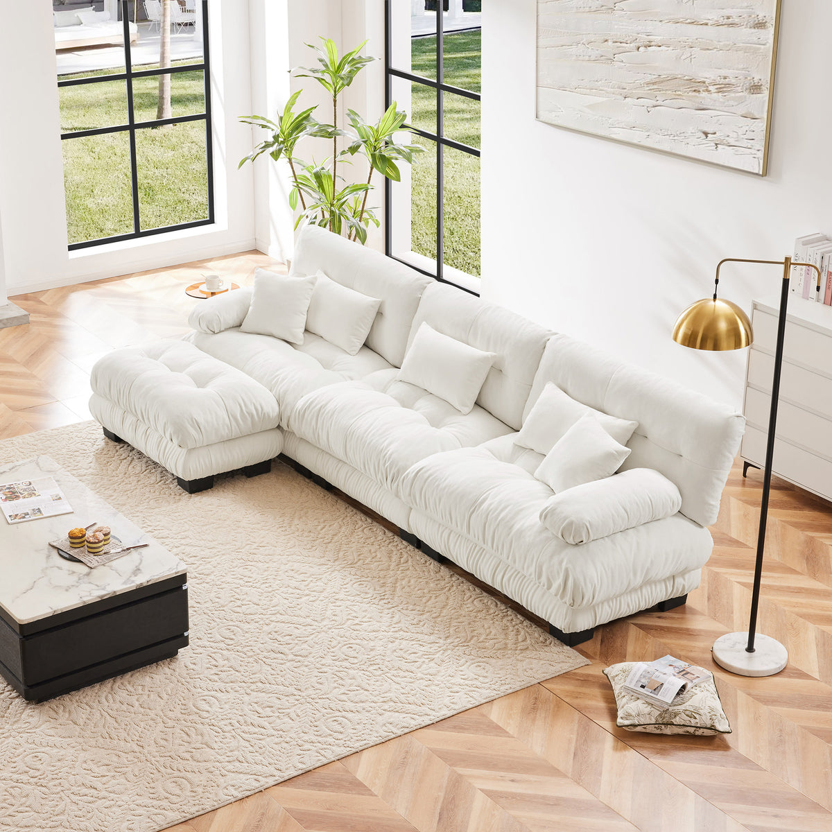 White Chenille Modular Sectional Couch with Ottoman