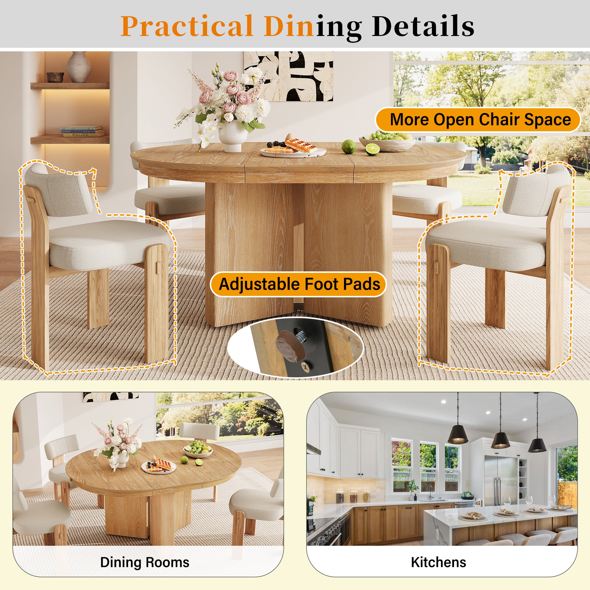 Practical details graphic noting open chair space and adjustable foot pads