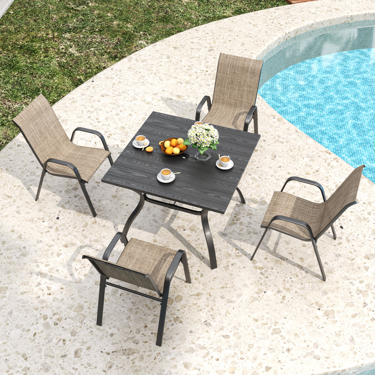 Black Metal Stackable 5-Piece Patio Dining Set for 4 with Umbrella Hole