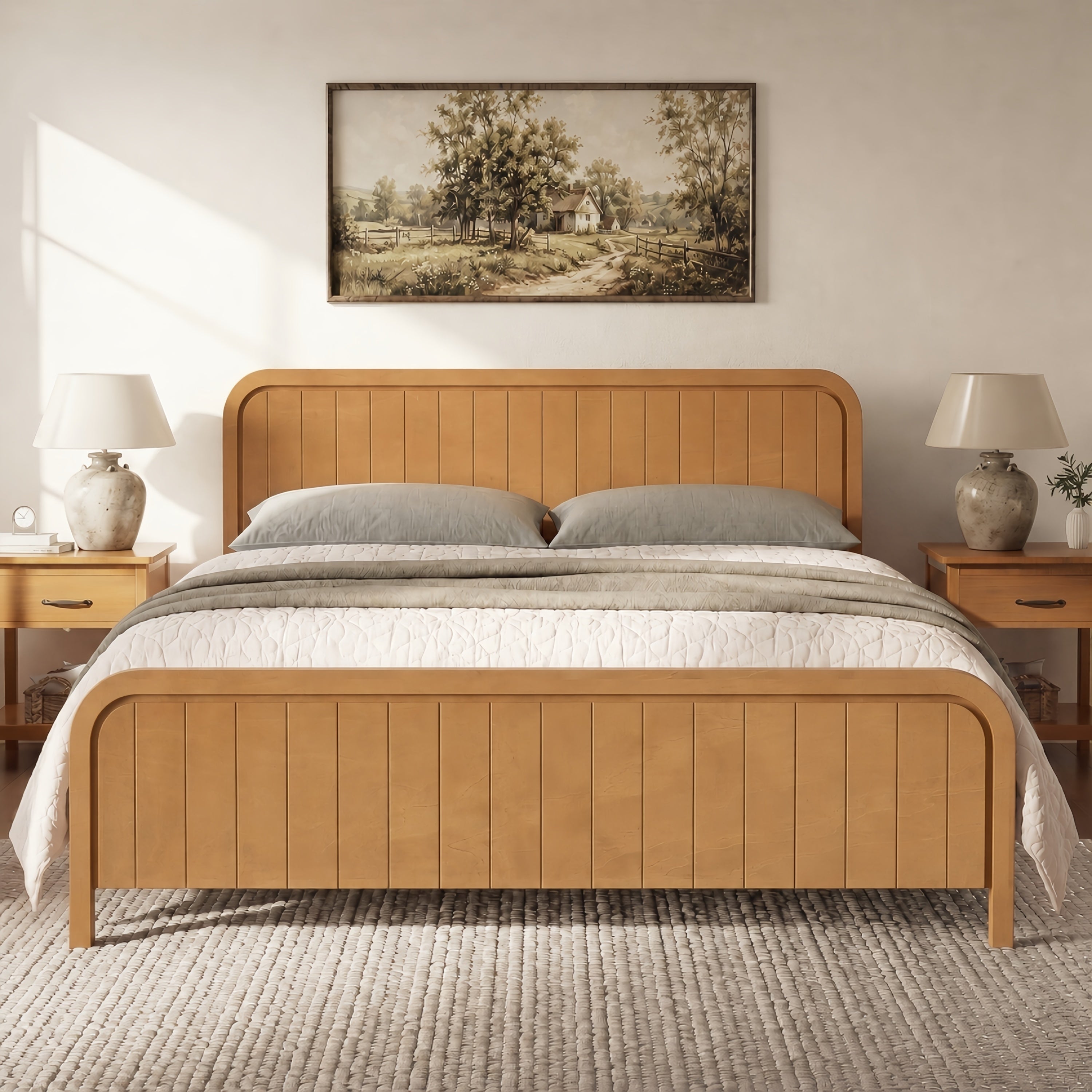 King Platform Bed with Headboard, Natural Oak Wood