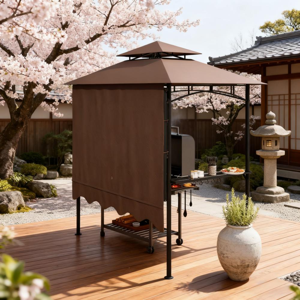 5x8 ft Brown Metal Gazebo with Side Shelves