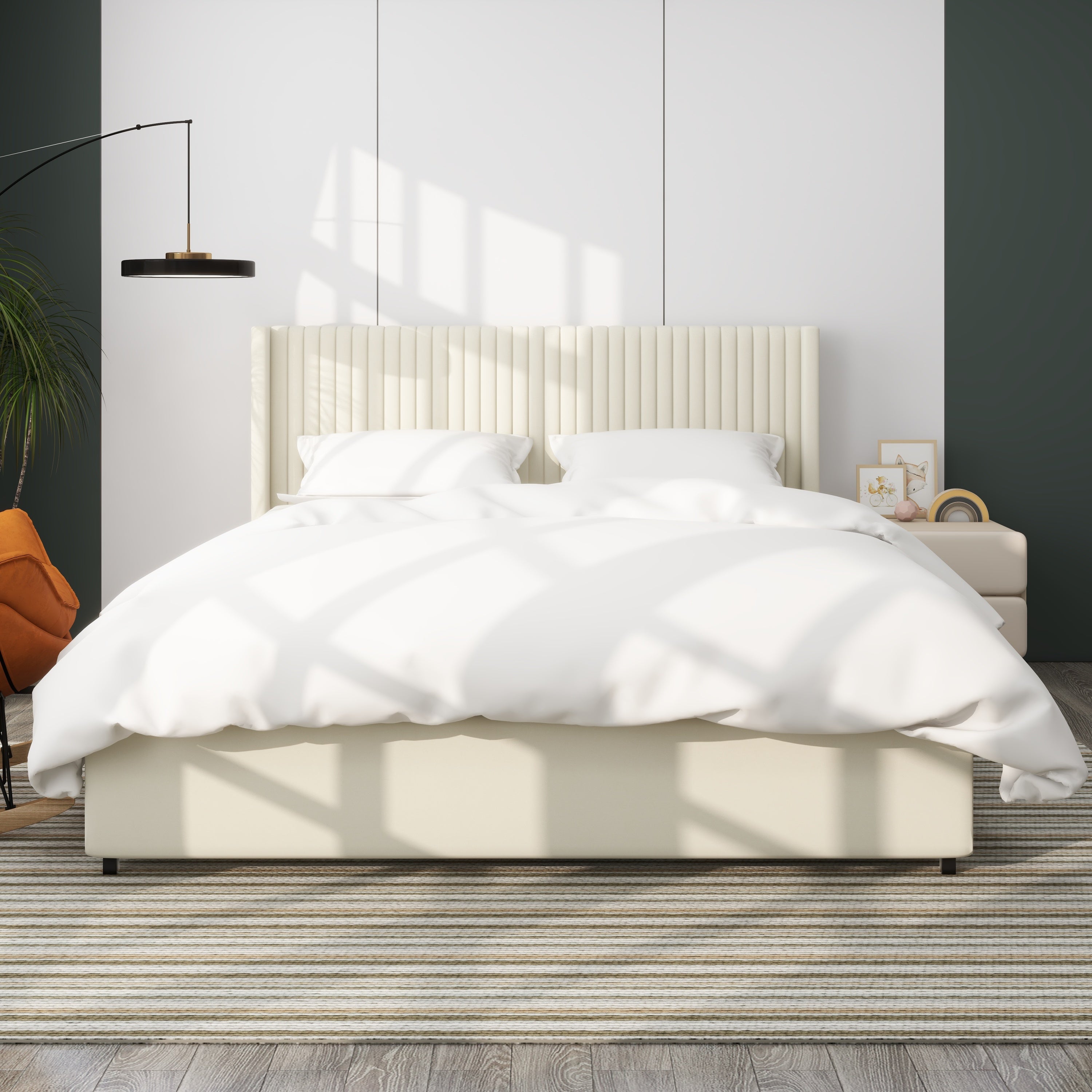 Front view of the ivory velvet wingback bed with a vertical channel-tufted headboard and white bedding