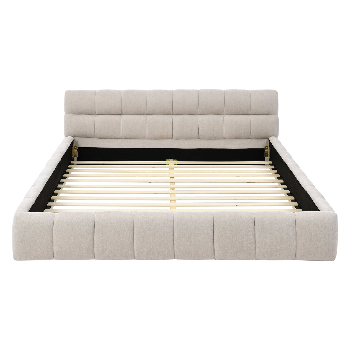 Beige chenille platform bed frame shown head-on on white, wood slats exposed, no mattress