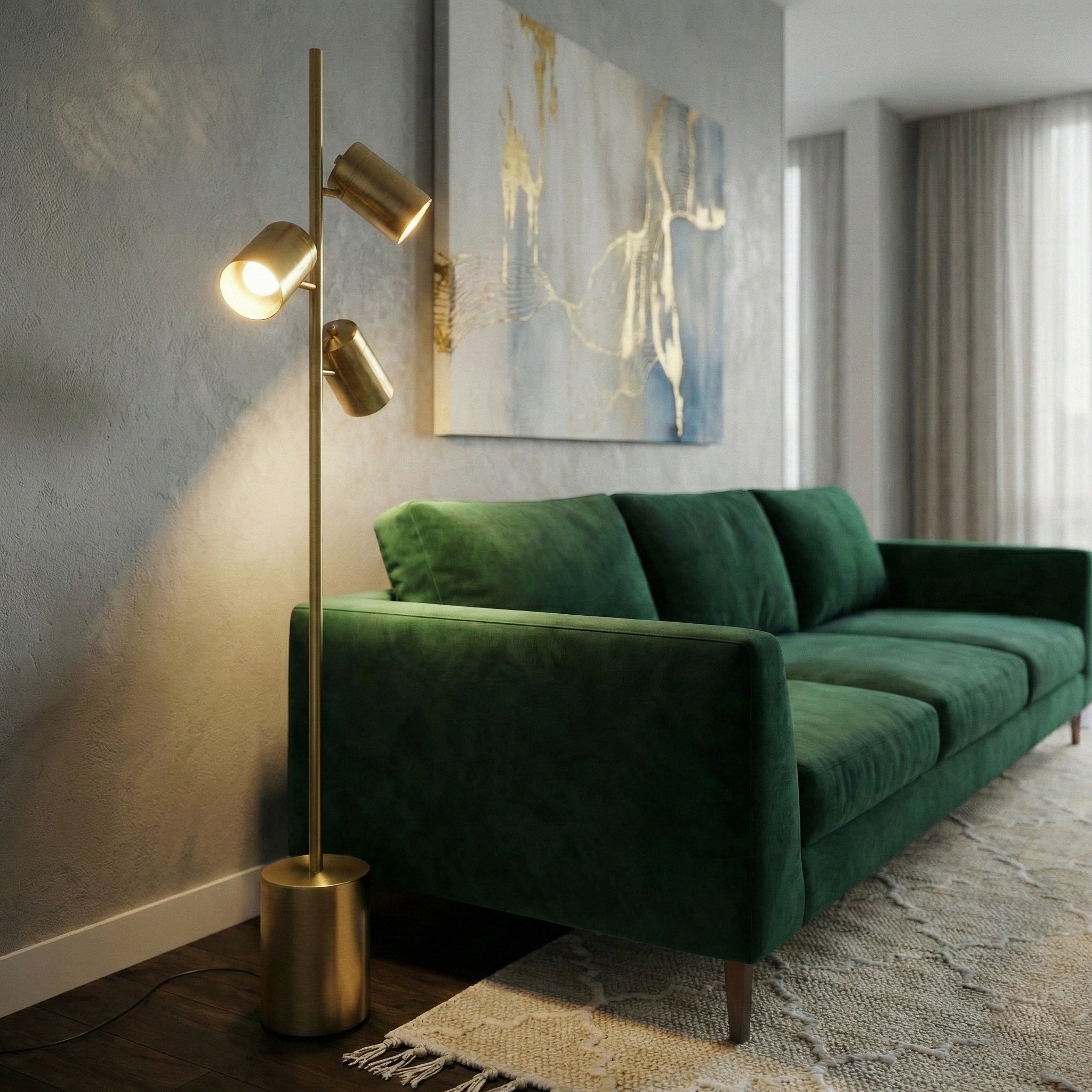 Floor Lamp with Three Lights and Brass Base, Gold
