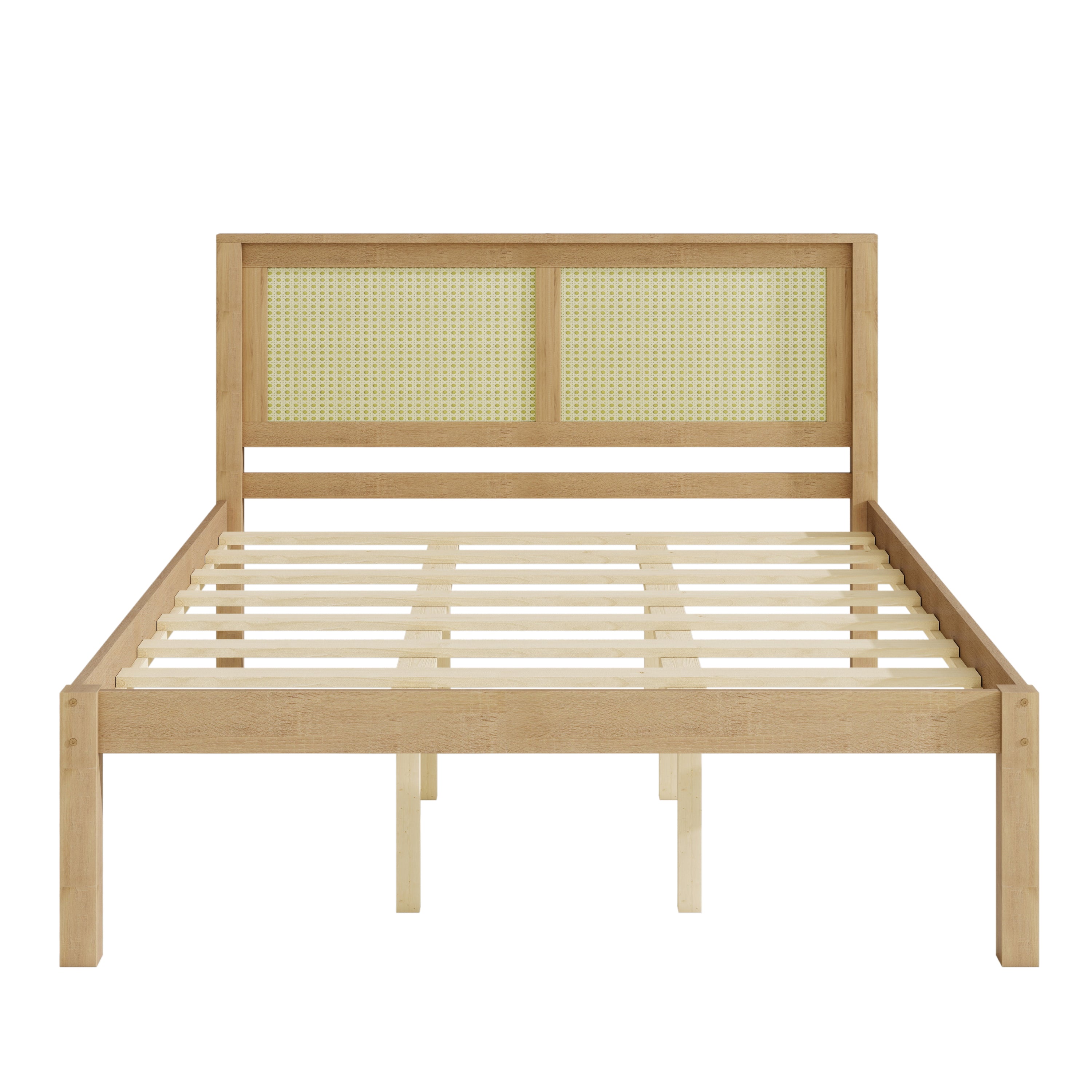 Front studio view of the bare wooden queen bed frame with cane headboard and exposed wood slats