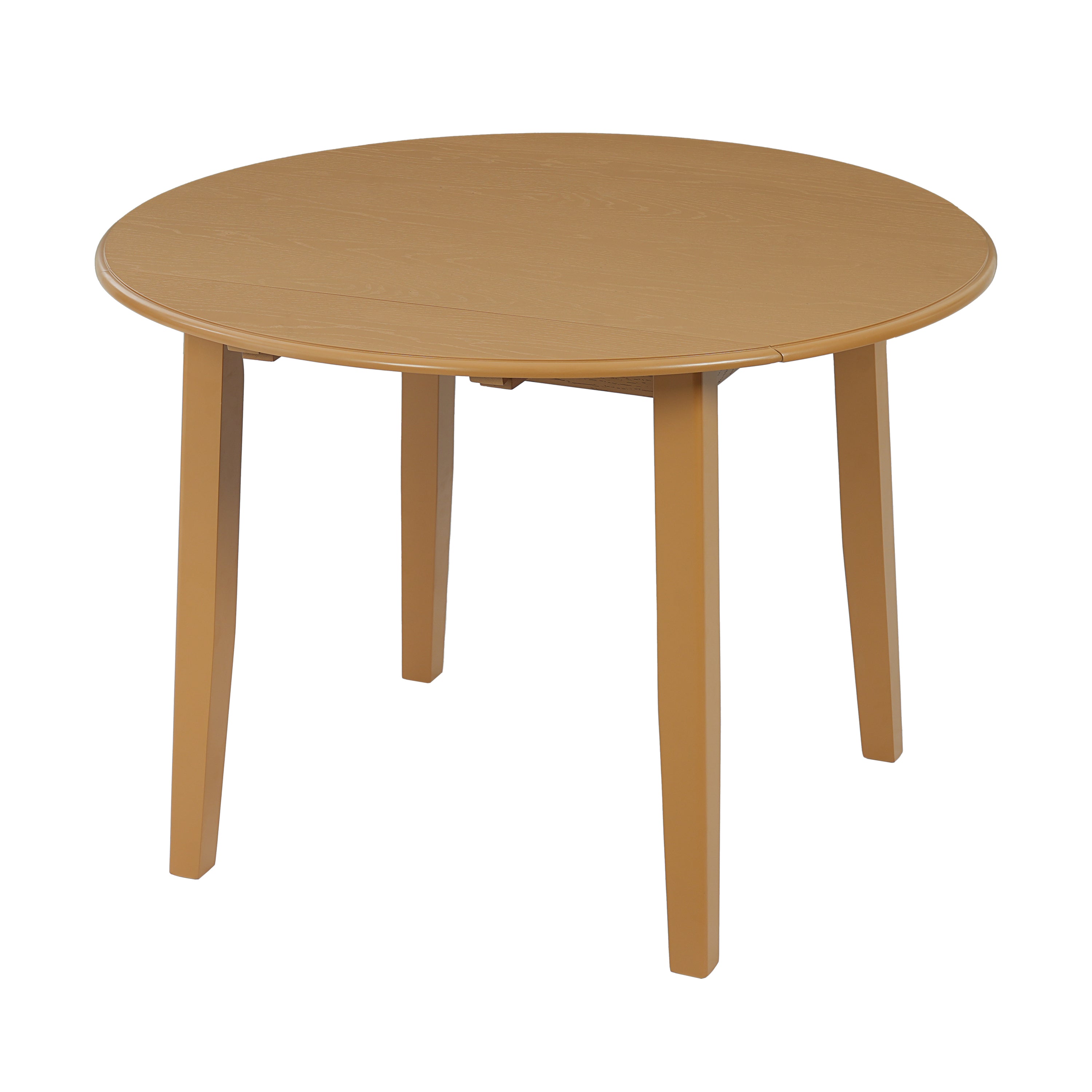 Three-quarter studio view of the light brown round drop-leaf table