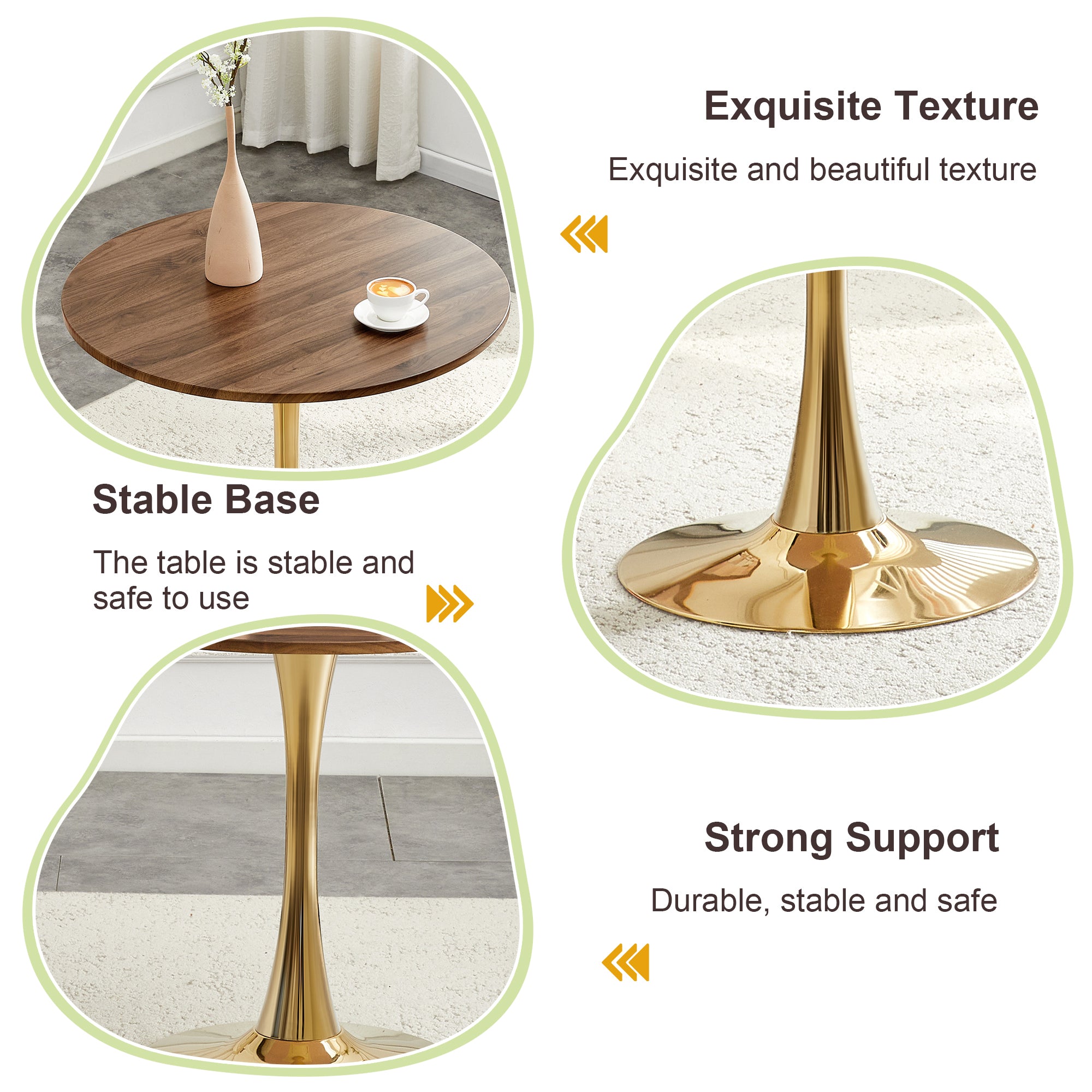 Feature graphic collage showing the walnut texture, stable gold base and strong support of the table