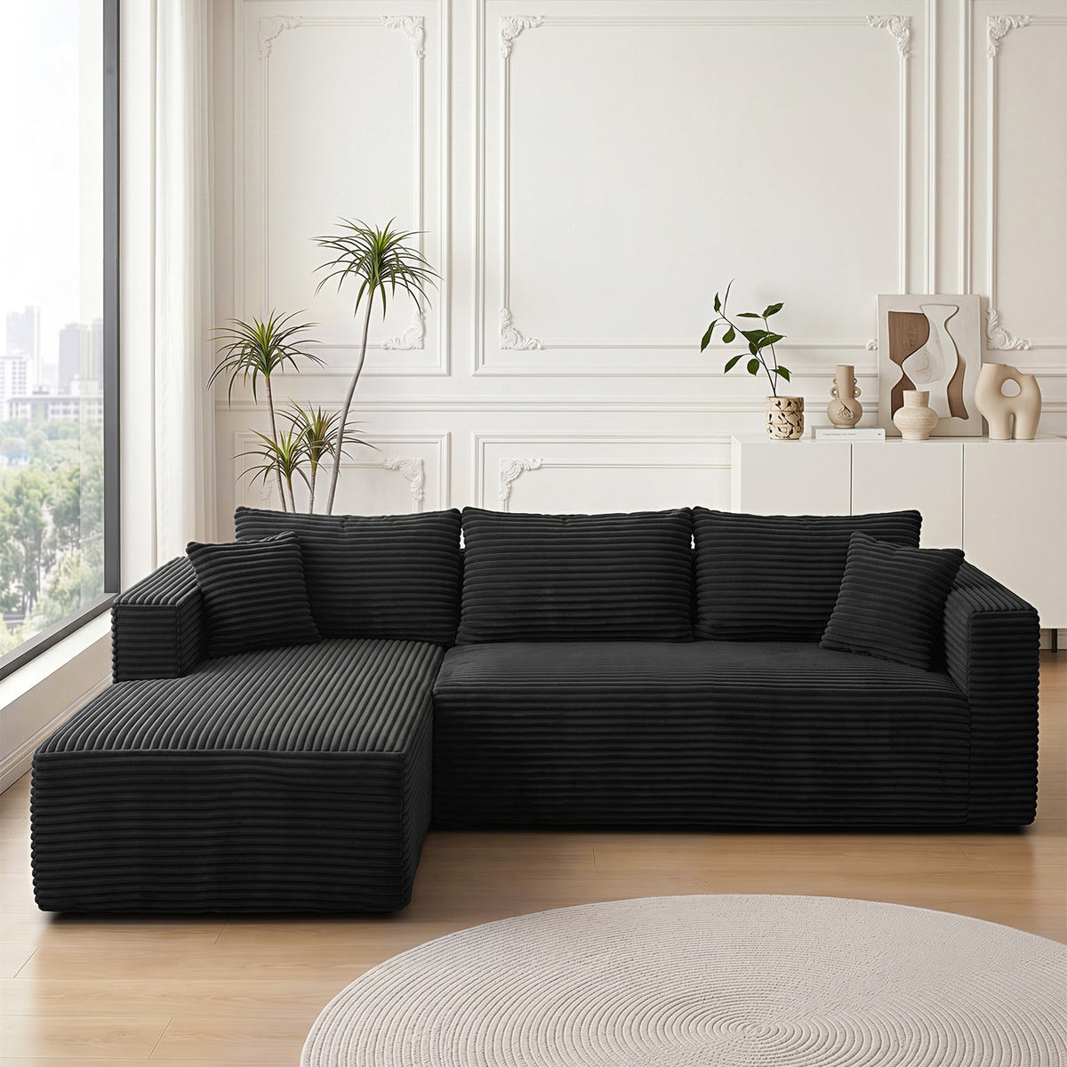 Black Corduroy L-Shaped Modular Sectional, 105 in Wide, Left-Facing