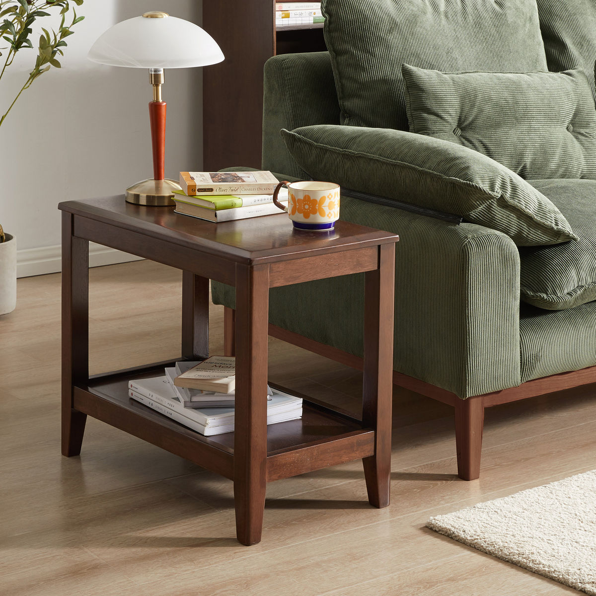 Walnut Solid Wood Rectangular Side Table with Storage, 23.6 in
