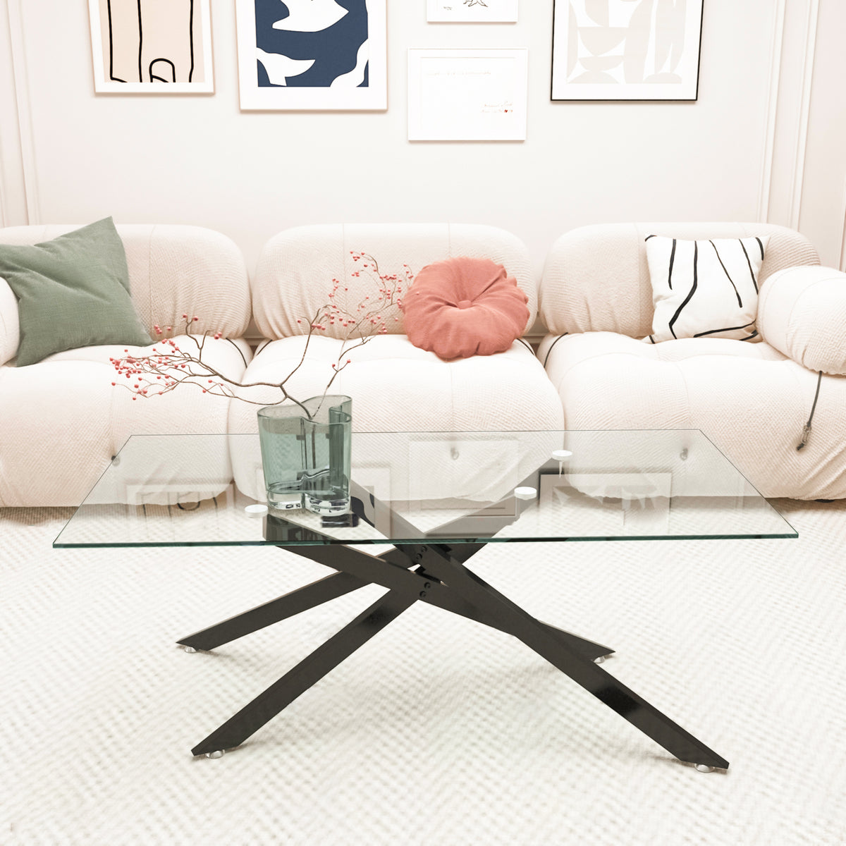 Black Glass Top Rectangular Coffee Table, 39.4 in