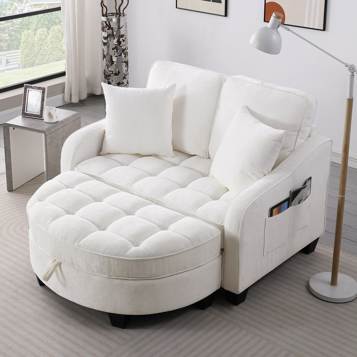 Beige Corduroy 2-Seat Couch with Ottoman