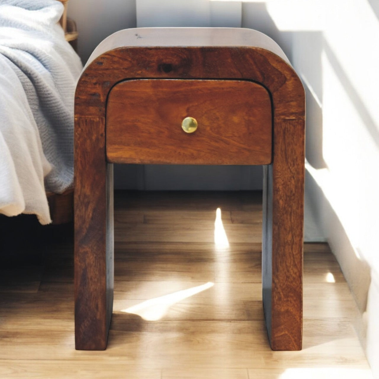 Curved Edge Nightstand, 1 Drawer, Solid Mango Wood, Chestnut