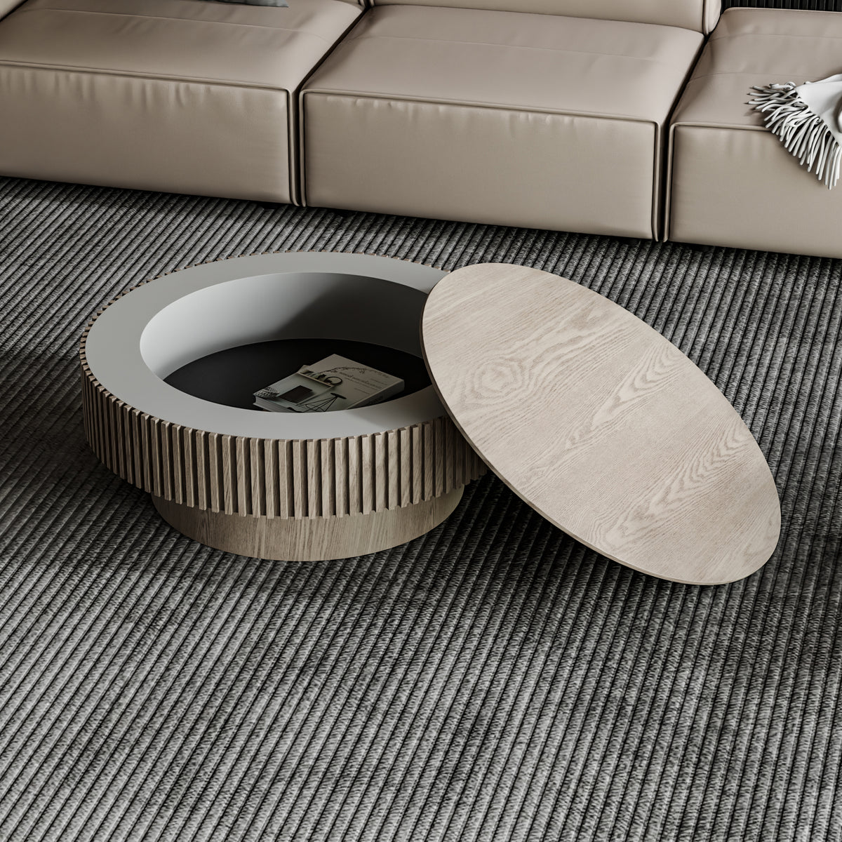 Gray Round Coffee Table with Storage, 31.5 in
