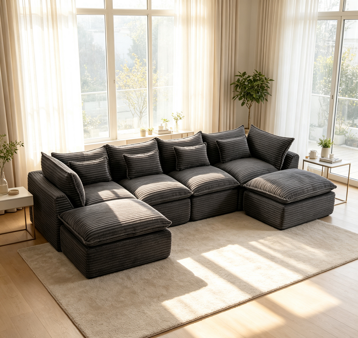 Gray Corduroy Modular Sectional Couch with 2 Ottomans, 129.8 in Wide