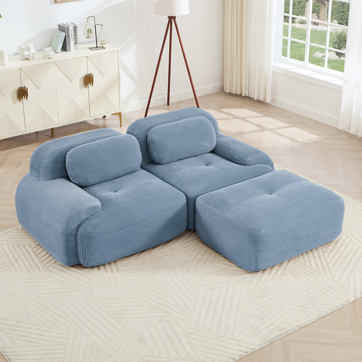 Blue Corduroy L-Shaped Modular Sectional Couch, 82 in Wide