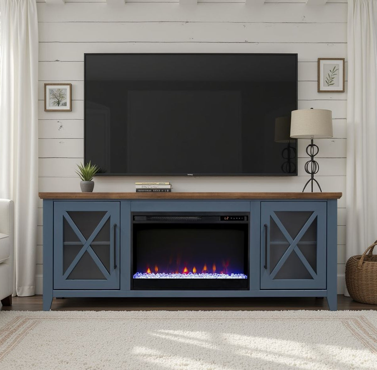 Blue Fireplace TV Stand for TVs up to 80 in, 66 in Wide, 17 in Deep