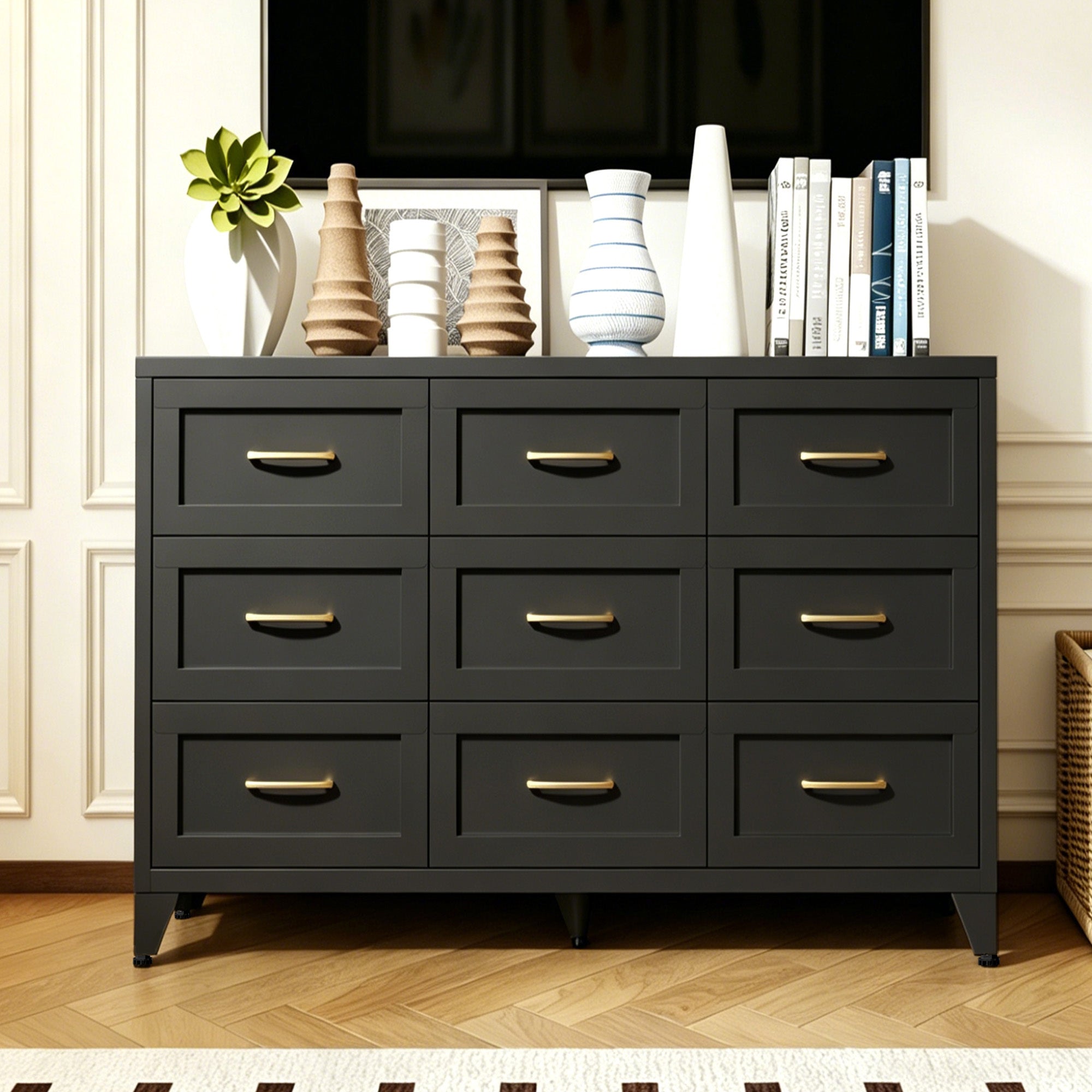 Low-Profile 9-Drawer Metal Dresser, 30 in High, Black