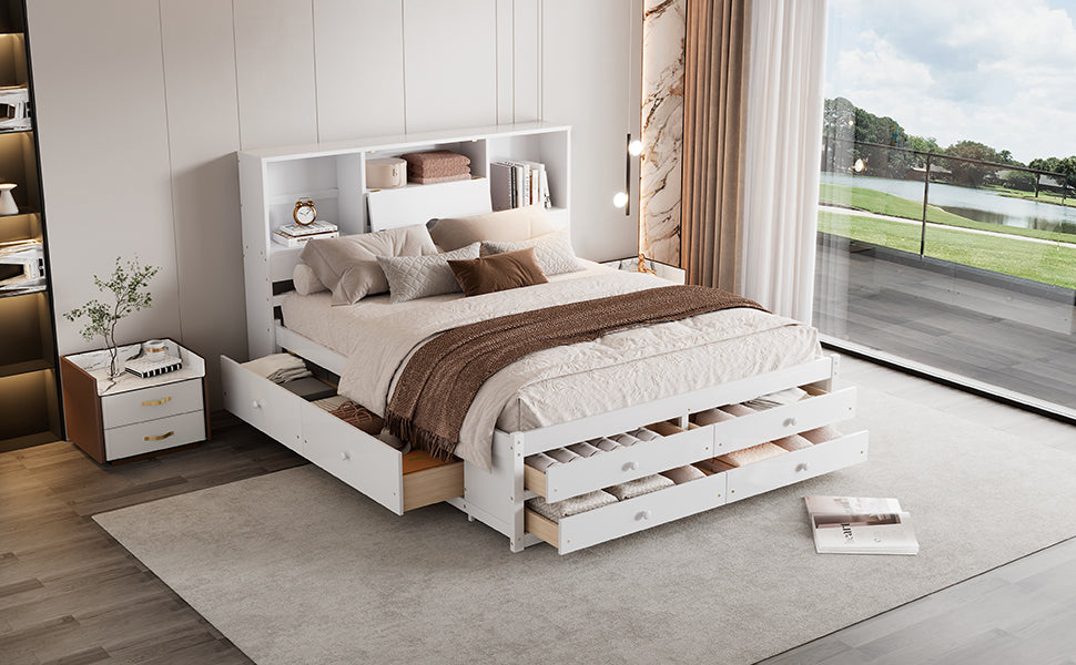 Angled styled view of the white bookcase-headboard queen bed with under-bed and footboard storage