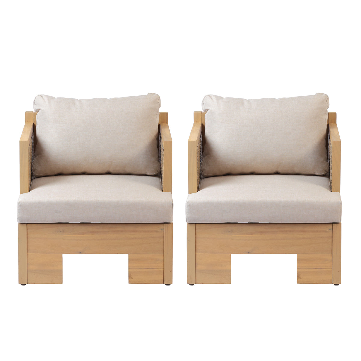 Teak Finish Solid Wood Outdoor Lounge Chair, Set of 2, 27.2 in Tall