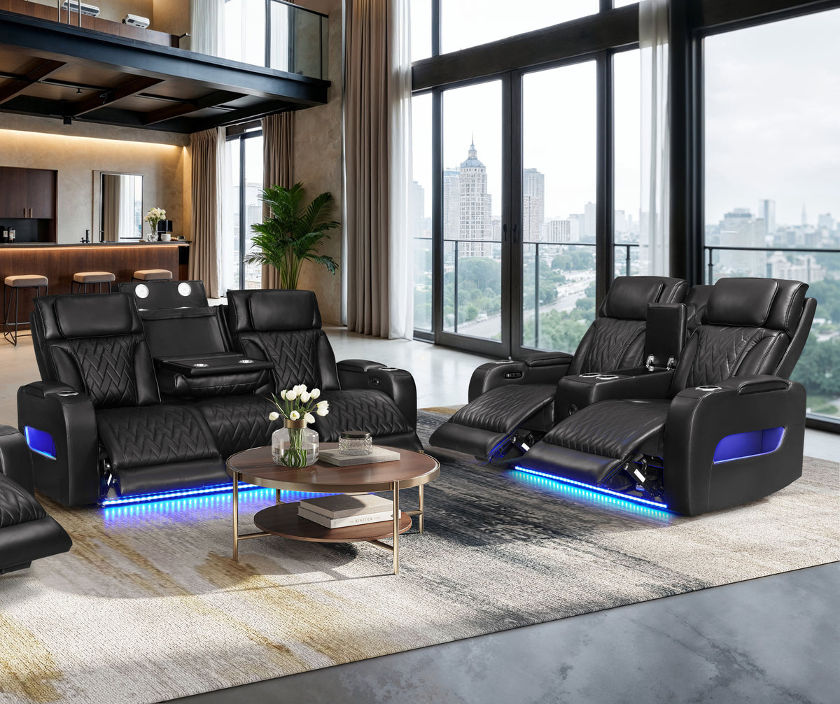 Black Vegan Leather Power Reclining Sofa and Loveseat Set, 41 in Deep