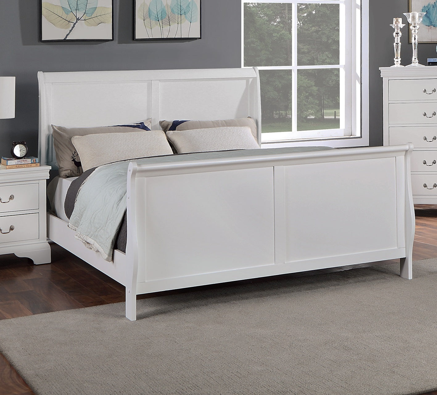 Queen Sleigh Bed Frame, White Wood Finish