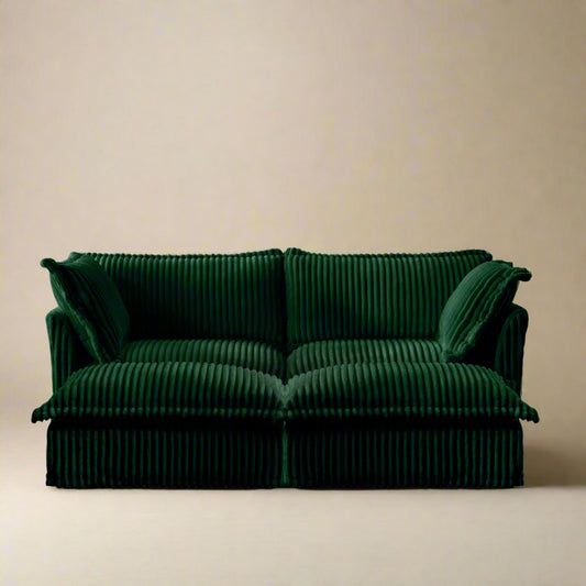 Fluffy Corduroy 2-Seat Sofa – Emerald with 2 Ottomans, Washable