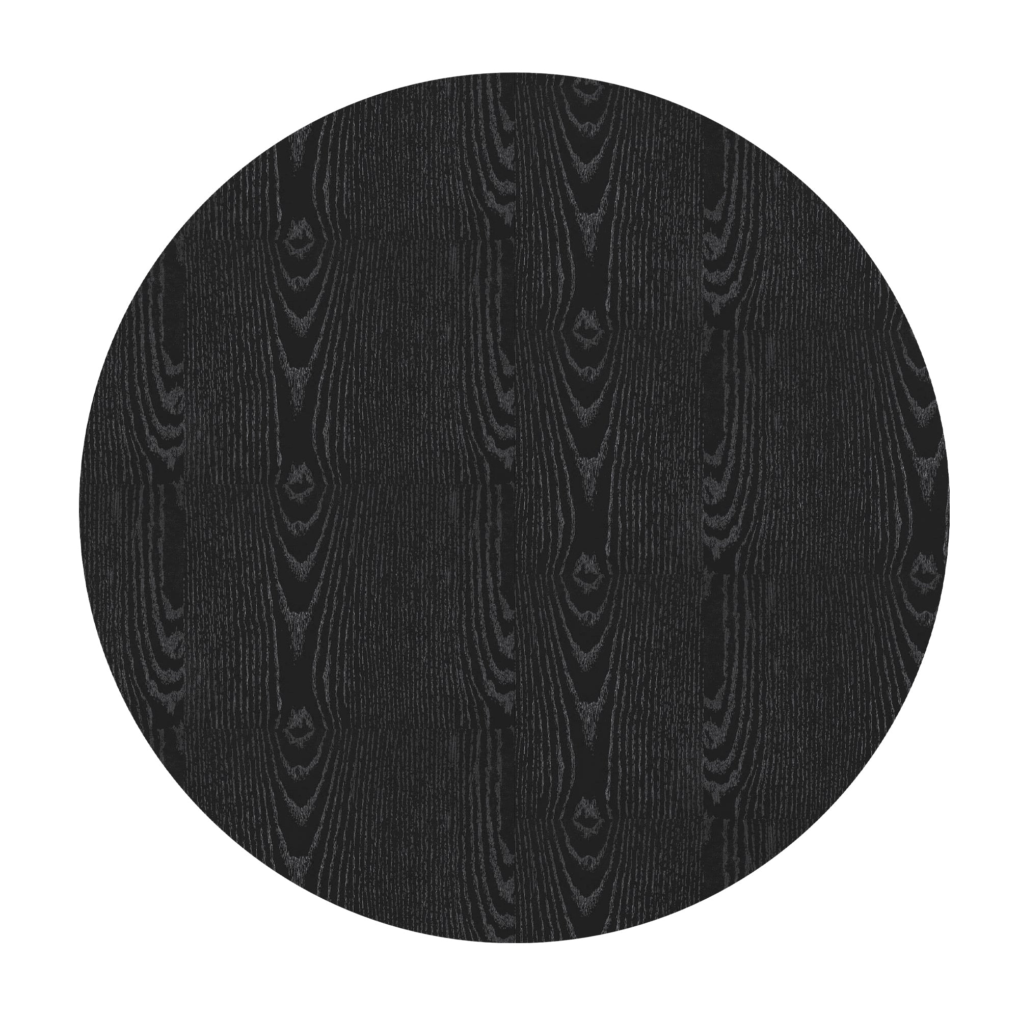 Overhead flat view of the round black tabletop showing the wood grain on a white background